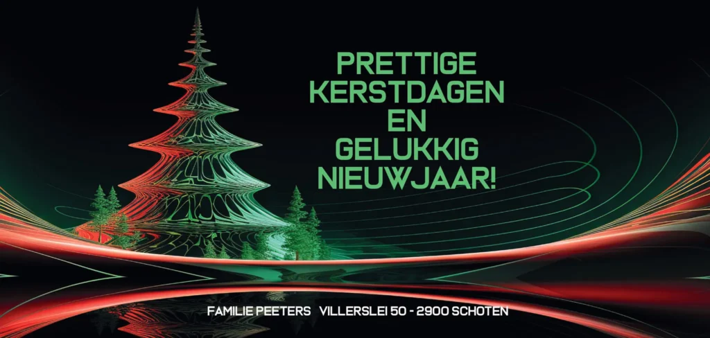 Ontwerp van een moderne kerstkaart met een grafische kerstboom in groen en rood
