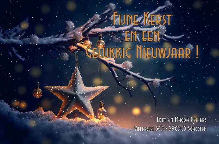 Ontwerp van een nieuwjaarskaart met een gouden ster op een besneeuwde tak