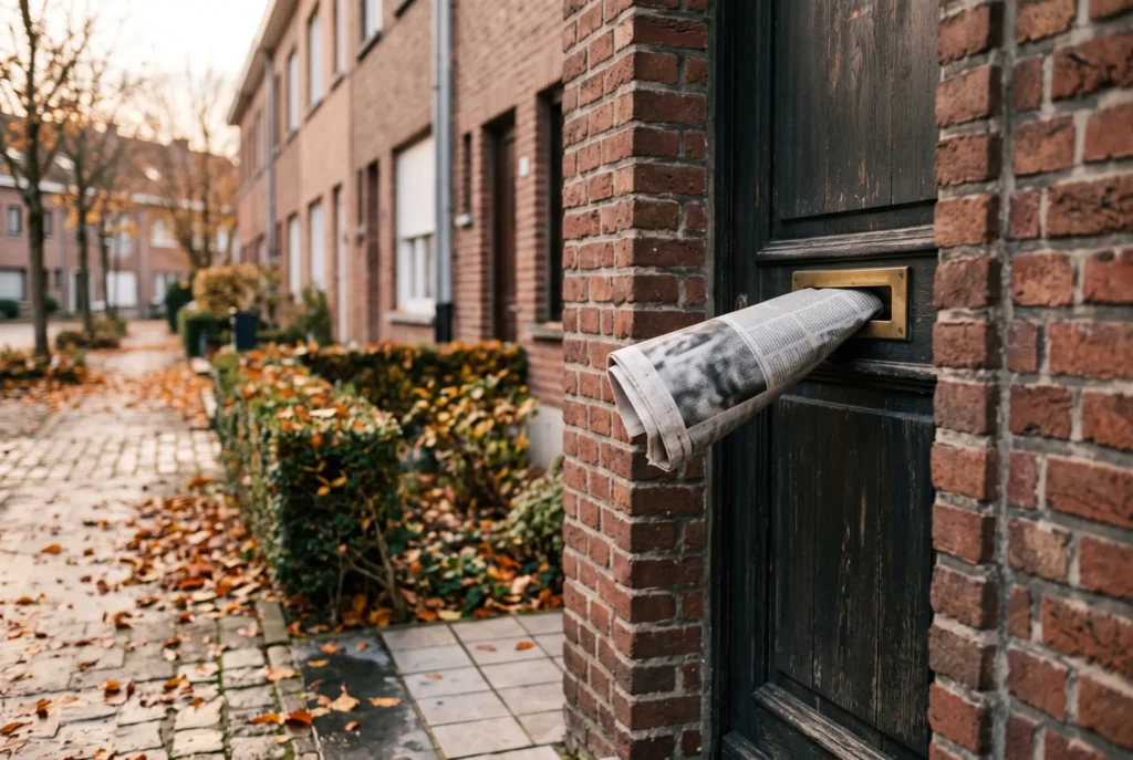 Huis-aan-huiskrant steekt in de brievenbus van een bakstenen woning in een rustige straat