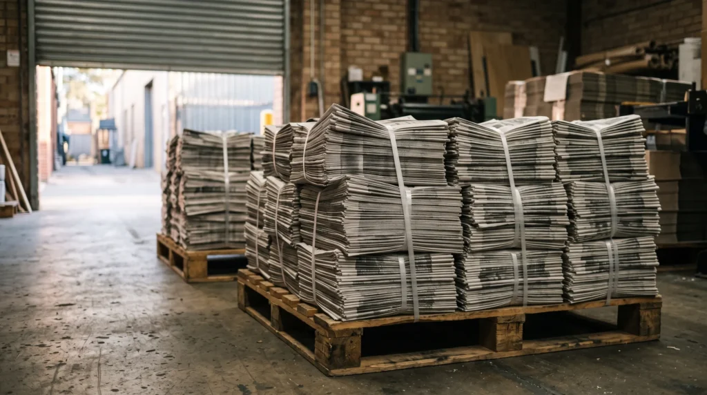 Gebundelde kranten op een pallet, klaar voor de bedeling