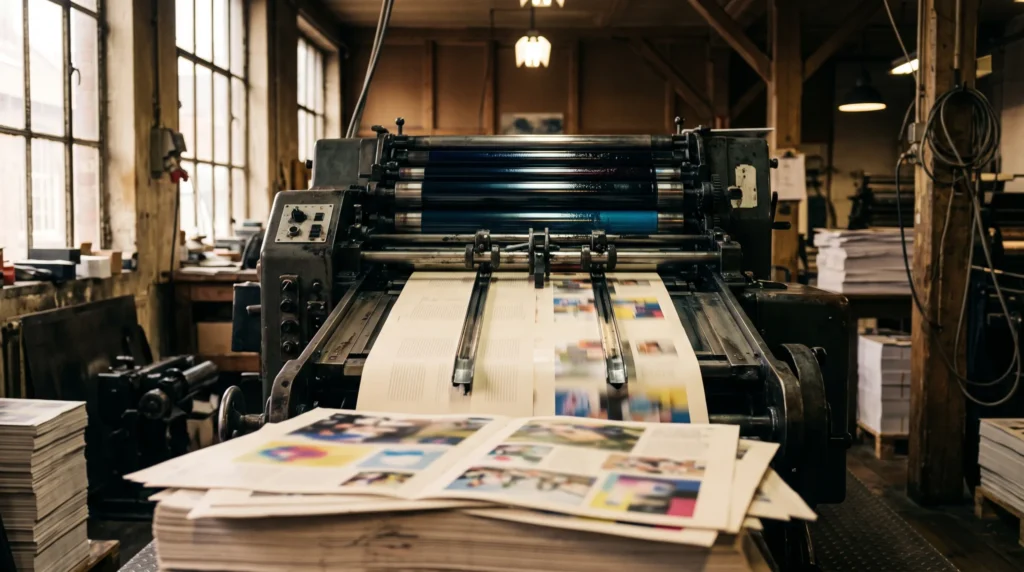 Offsetpers aan het werk met vers bedrukte vellen in een drukkerij