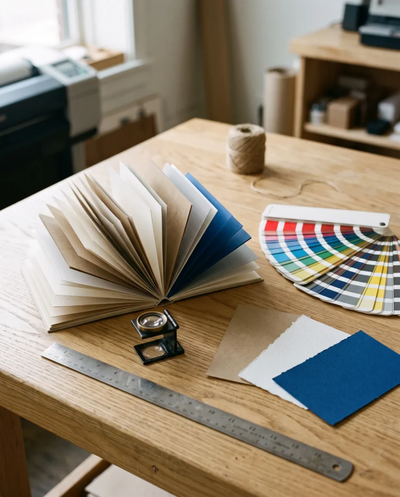 Papierstalen, een kleurwaaier en een drukkersloep op een houten werktafel