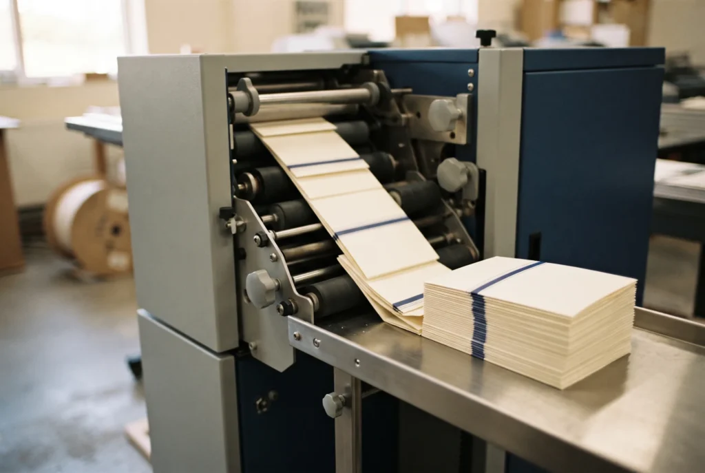 Plooimachine die gevouwen folders netjes opstapelt