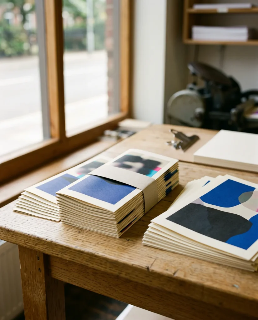 Stapels vers gedrukte flyers en folders op een houten werktafel