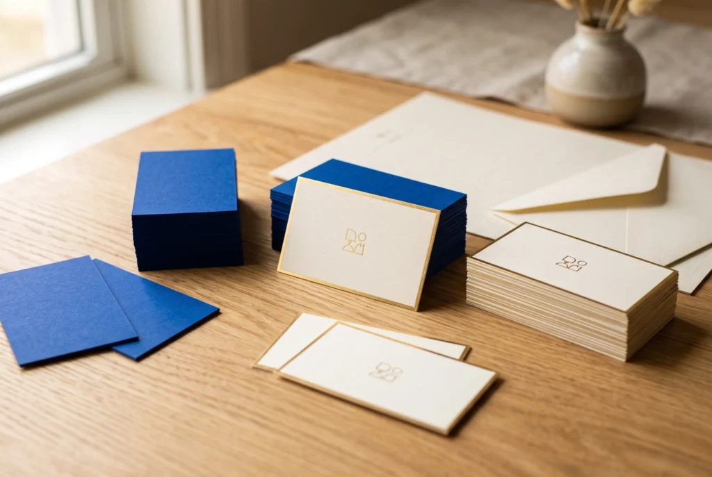 Visitekaartjes in blauw en crème met een goudfolierand op een houten tafel